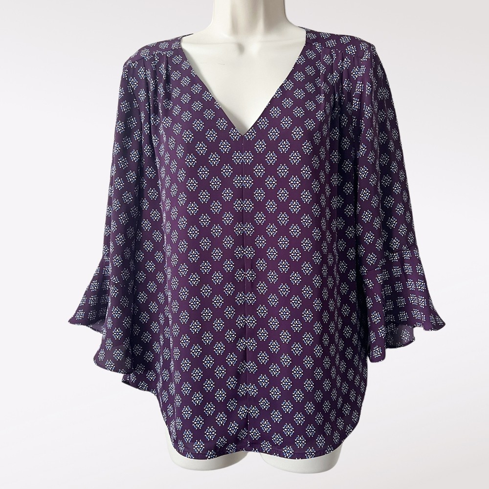 41 Hawthorn Top Womens Size M Purple Floral Ikat Tunic Chiffon 3/4 Sleeve V-Neck